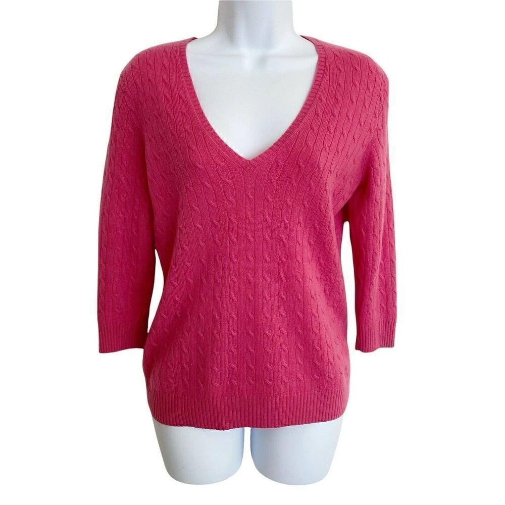 J Crew Pink Cable Knit Crew Neck 3/4 Sleeve Cashmere Sweater M Made In Hong Kong
